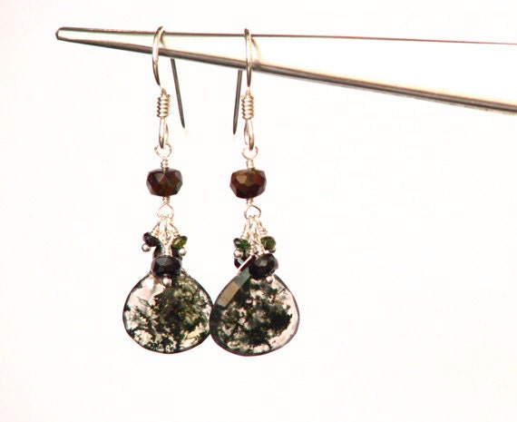 Enchanted Forest moss agate and tourmaline dangle earrings- wire wrapped emerald green gemstone sterling silver cluster earrings- woodland