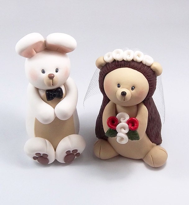 Custom Wedding Cake Topper, White Rabbit and Hedgehog Couple, Personalized Figurines, Made To Order