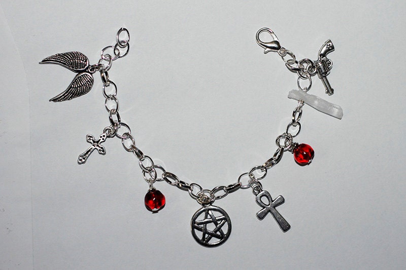 Demon Blooded - Supernatural themed charm bracelet with crystal and red beads 5