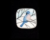 Blue Bird Pendant with 18 inch black rubber cord. Original Ink Drawing on Polymer Clay Blue, White and Pink 3111