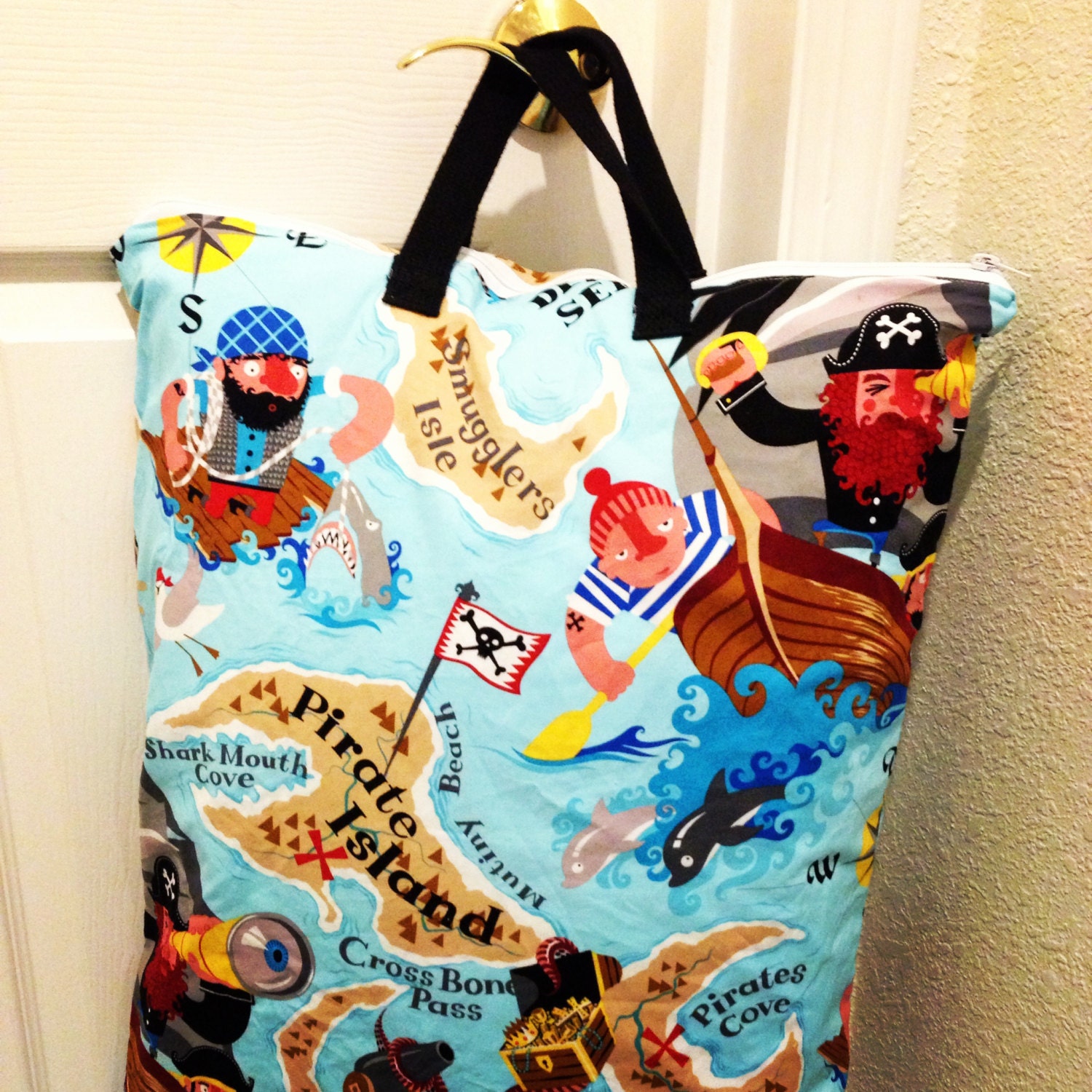 One - X-Large Sweet Bobbins Hanging Wet Bag - Pirate Island - 18x22 - SEAM SEALED - Boutique Quality