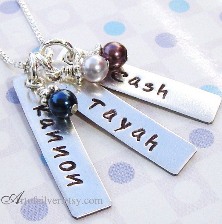 Hand stamped necklace - Birthstone jewelry - Personalized name bars - 3 silver bar tags with pearls