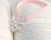 Ribbon Bookmark- Sweet Bunnies, Brown Polka Dot, Pink Ribbon