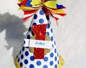 Jake and the Neverland Pirates party hat in red, blue, yellow and gold