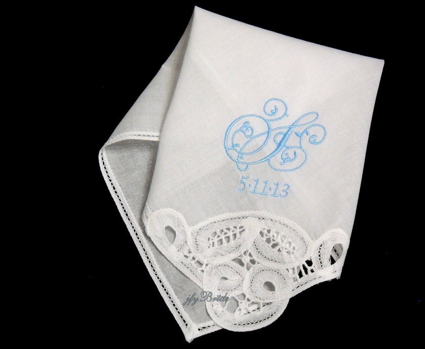 Monogrammed wedding handkerchief embellished with Brussels lace embroidered with Single initial and wedding date