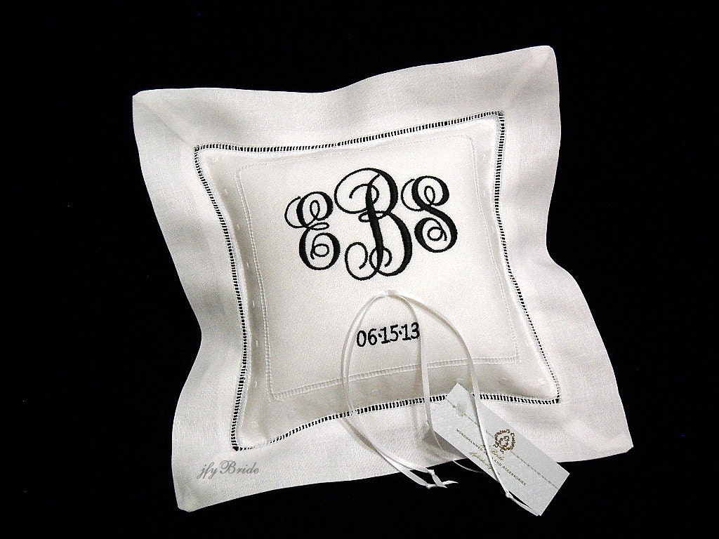 Irish Linen Ring Bearer Pillow Personalized with embroidered  Francie  Monogram and Wedding date