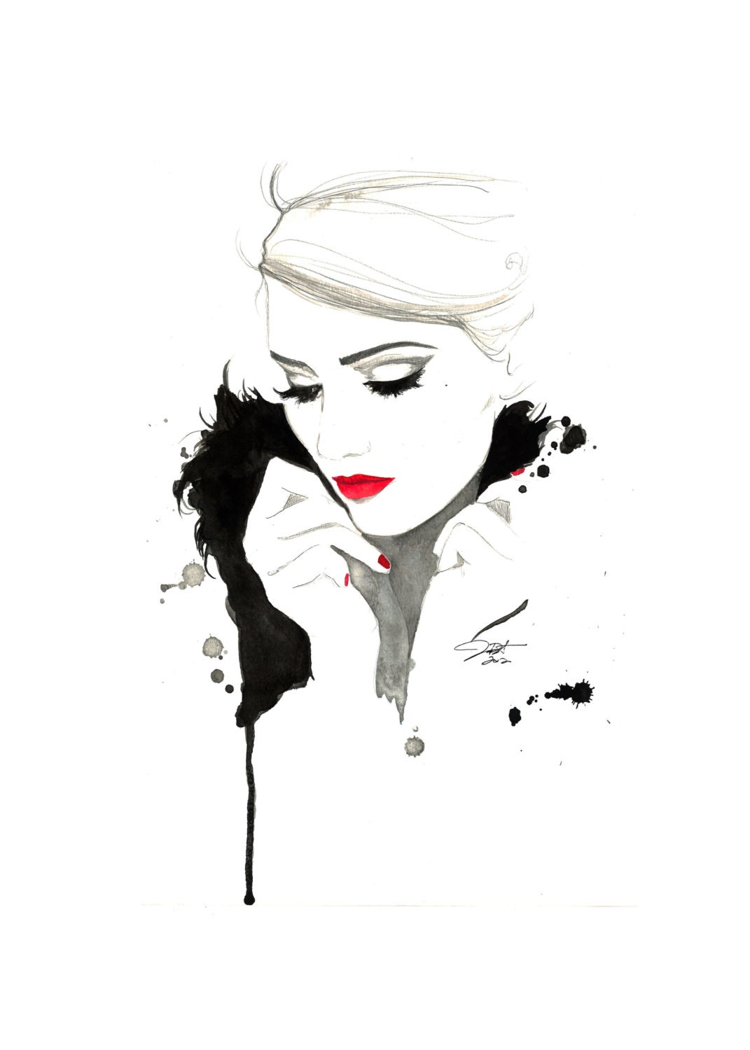 Print from original watercolor and mixed media fashion illustration by Jessica Durrant titled, Don't Forget Me