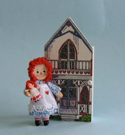Miniature 1/4" and 1" scales Raggedy Ann doll with her Raggedy baby doll plus free dollhouse kit