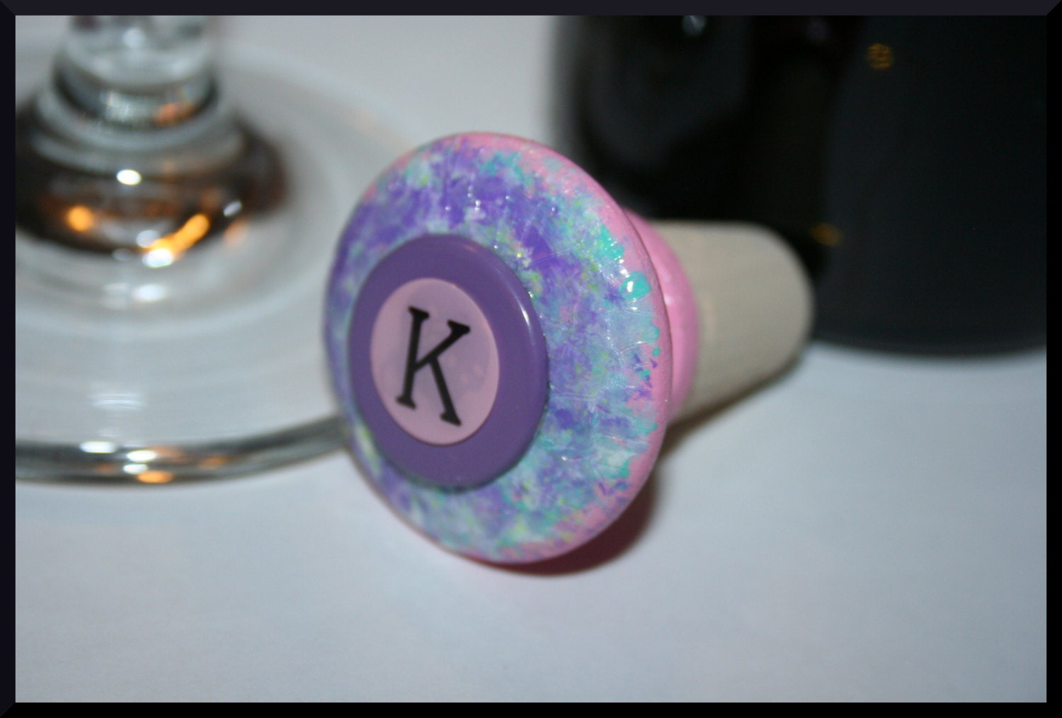 Crackle Purple, White, Pink, Turquoise Wine Bottle Stopper- Pick Your Letter