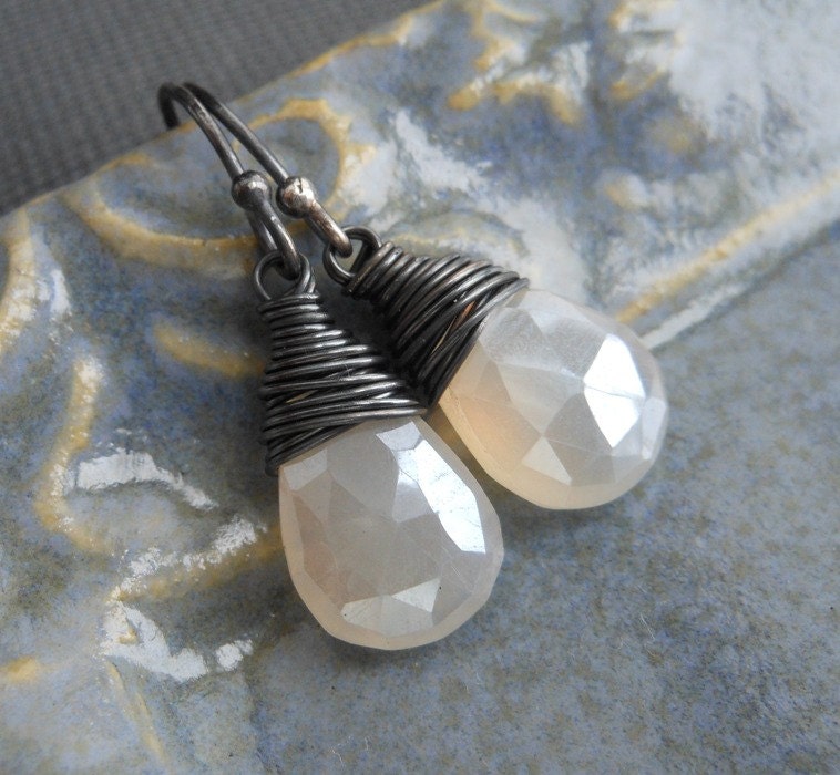 SALE Mystic Pearl Chalcedony Earrings, Pearl Chalcedony Faceted Briolettes Wire Wrapped in Oxidized Sterling SIlver.  Snow Caps.