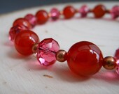 SALE Pink and Orange Bracelet, Swarovski Crystal Bright Pink Carnelian Orange Gemstone Copper Spring Summer.