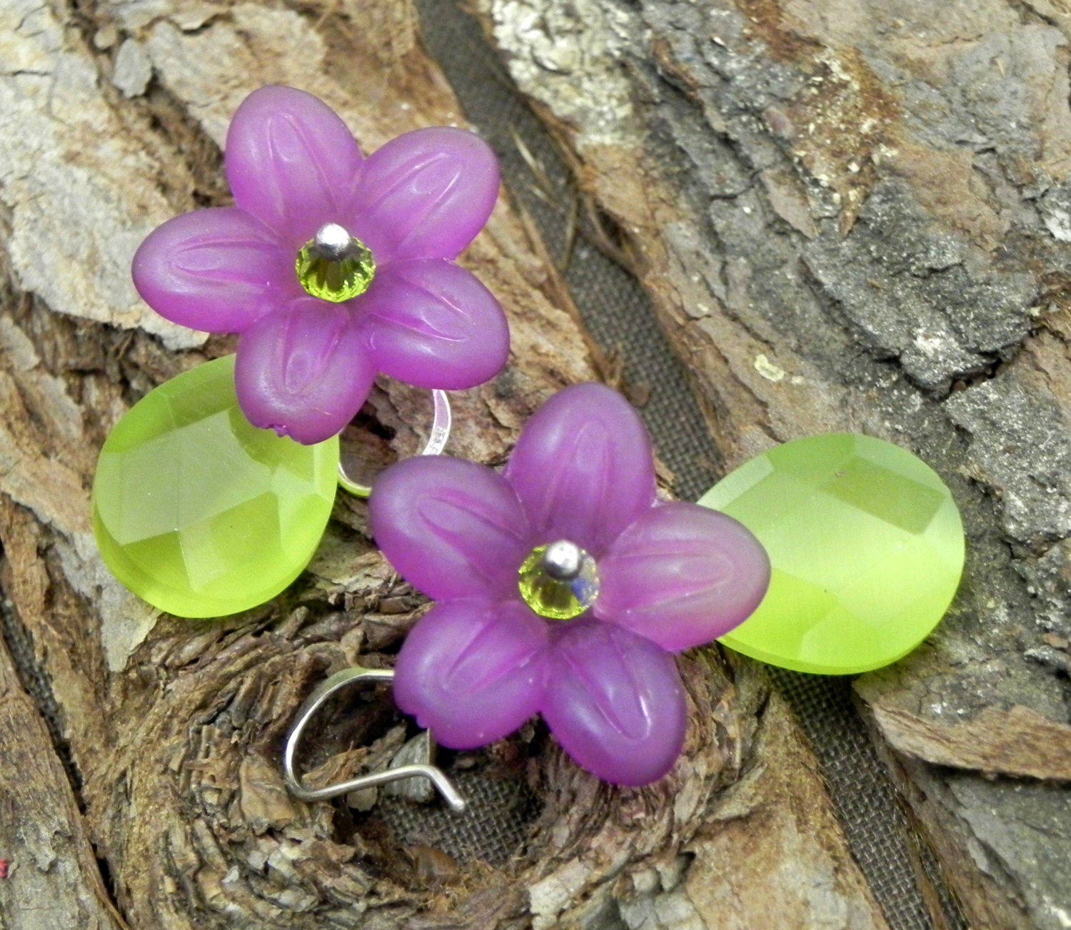 20% off Spring Sale - Flower Earrings - Plum and green glass flowers - Sterling Silver earwires