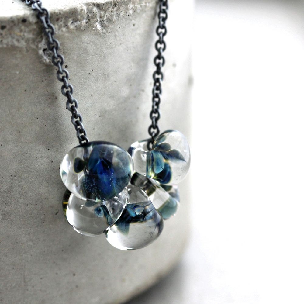 Monaco Ocean Blue Teal Green Lampwork Teardrop Oxidized Sterling Silver Necklace - Delphi