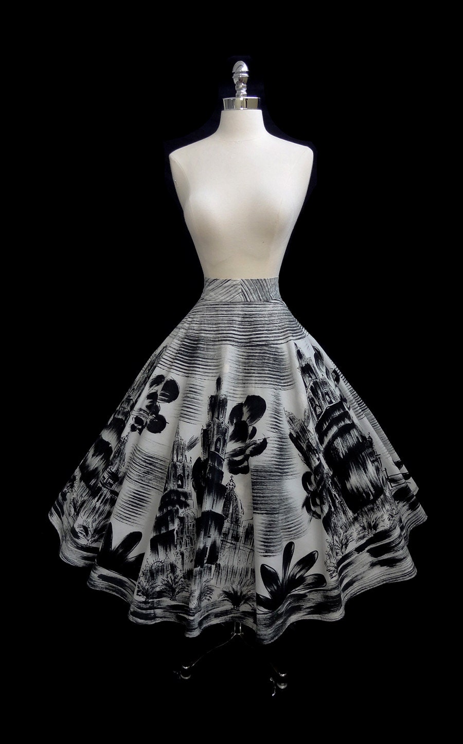 Vintage 1950s 50s Hand Painted Mexican Full Circle Skirt L