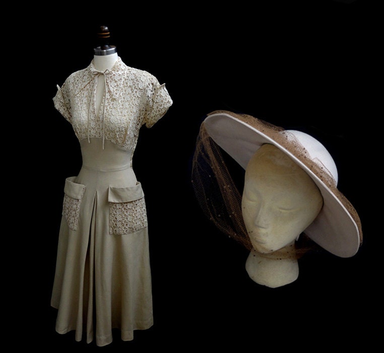Vintage 1940's 40's Lace and Linen Party Swing Dress with Matching Hat S