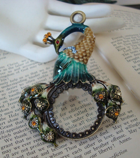 Gorgeous Peacock Necklace Supply, Large Enamel Rhinestone Magnifying Glass Pendant, 3" Tall, Quality Jewelry Supply, Great For Mothers Day