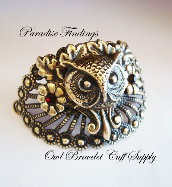 Steampunk, Owl Bracelet Cuff Supply, Swaroviski Ruby Red Jewels, Rings Metal Bonded To Each Side, Professional Jewelry Component, USA Brass