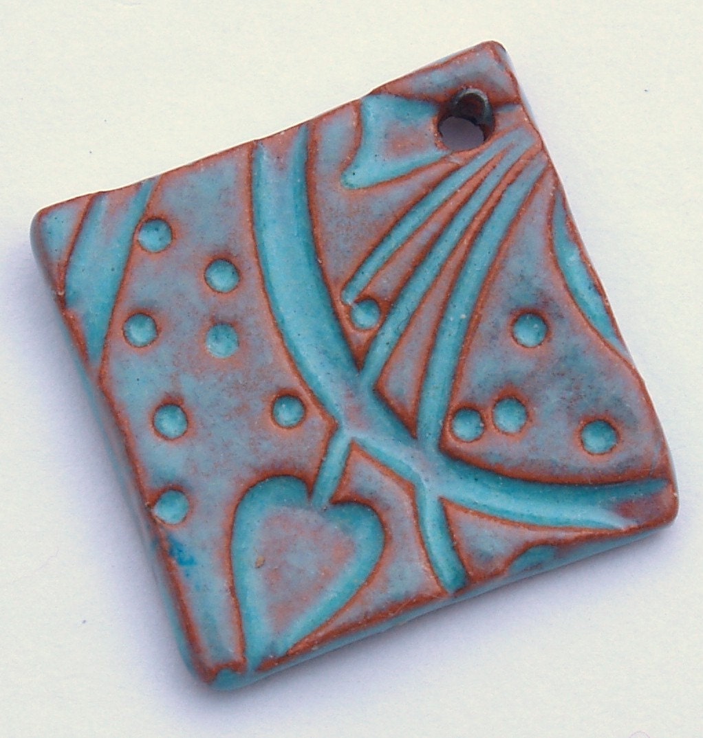 Ceramic Pottery Square Pendant  In terracotta and blue by Clay Designs by glee
