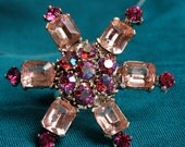 Cocktail statement ring. Star. Pink rhinestones and gems. Repurposed. Vintage. Adjustable.