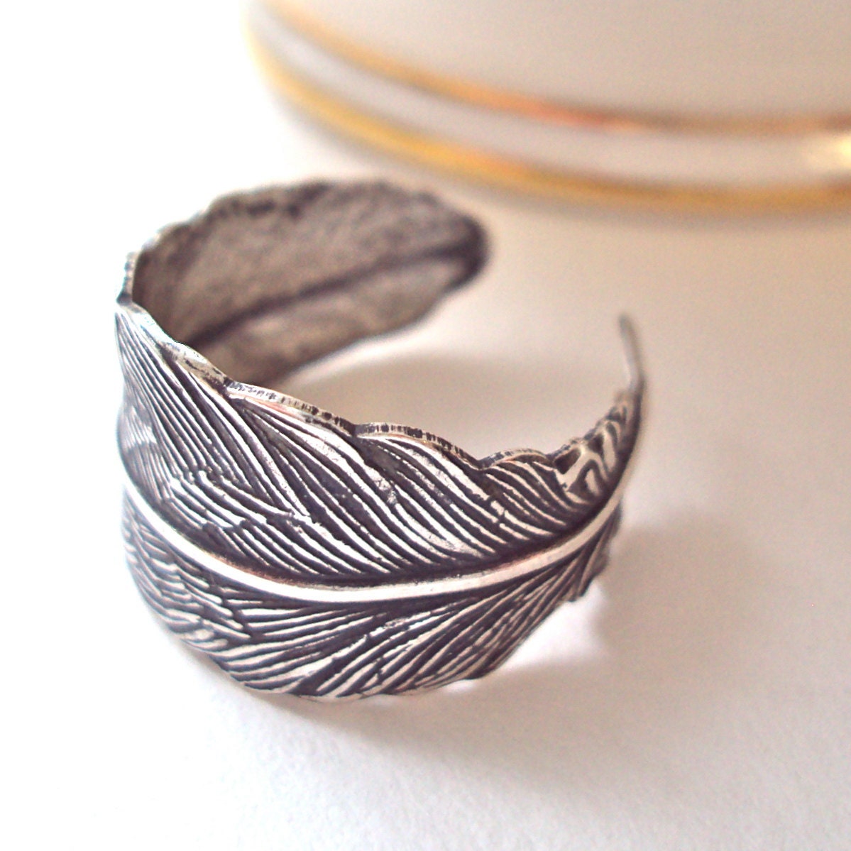 Silver Feather ring - antiqued & adjustable