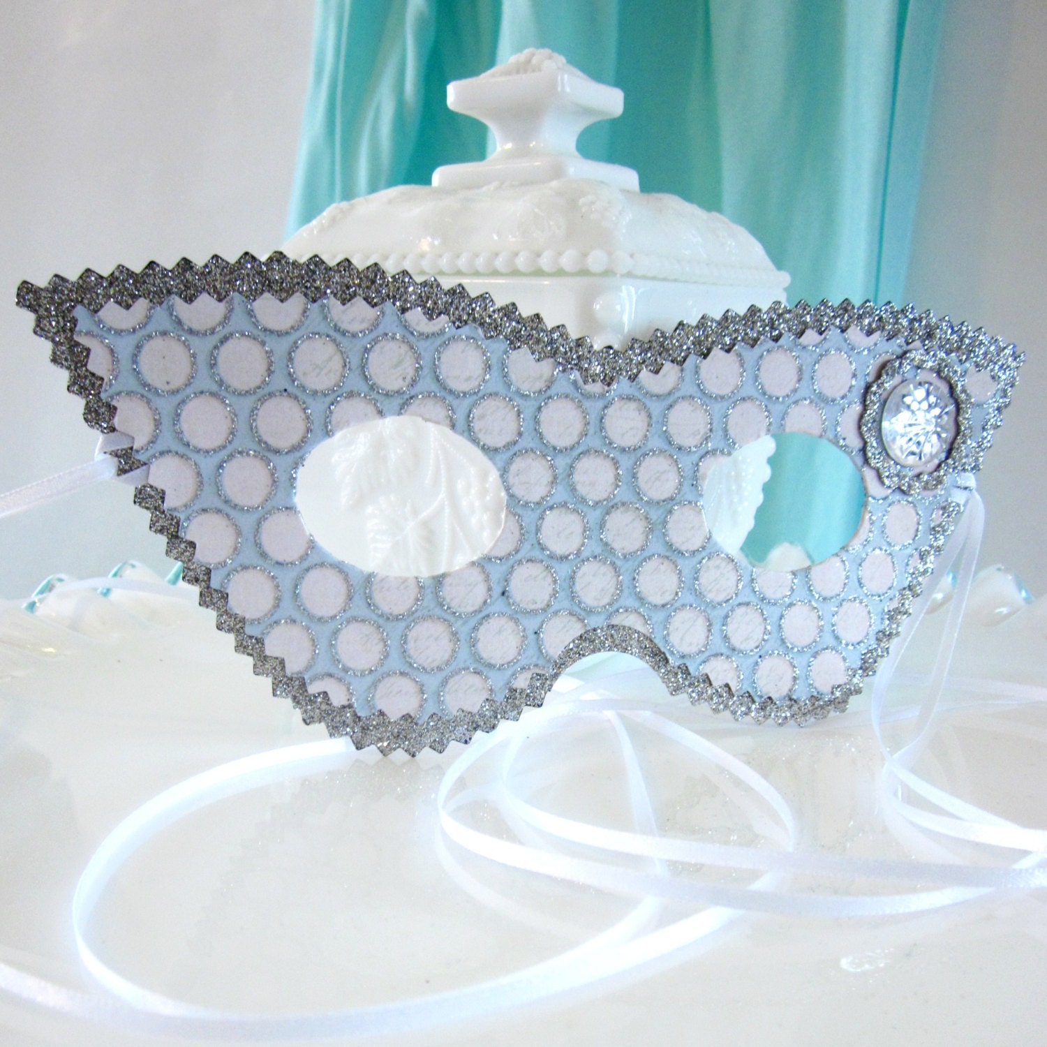 Silver and Blue Polka Dot Masquerade Mask