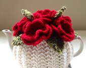 Tea for One or Two - Blood Red Roses Flower Garden Tea Cosy in Pure Wool - Ivory Cream Base - size SMALL
