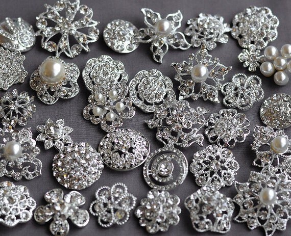 SALE 10 Large Assorted Rhinestone Button Brooch Embellishment Pearl Crystal Wedding Brooch Bouquet Cake Hair Comb Clip BT165