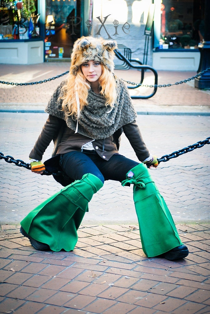 Womens Bell Bottom Boot Covers - Green Leg Warmers Accessories- Vegan Polar Fleece