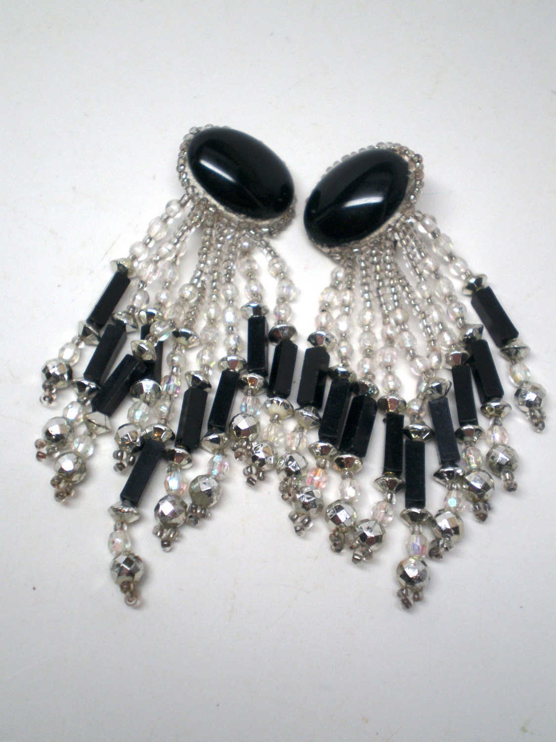 Vintage Earrings Long Dangles Silver N Black Beaded Large Black Cabochons Faceted Clusters Ab 80s Bold Retro Dive Disco Statement