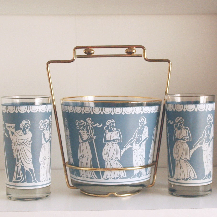 jeannette corinthian glasses ice bucket and caddy vintage
