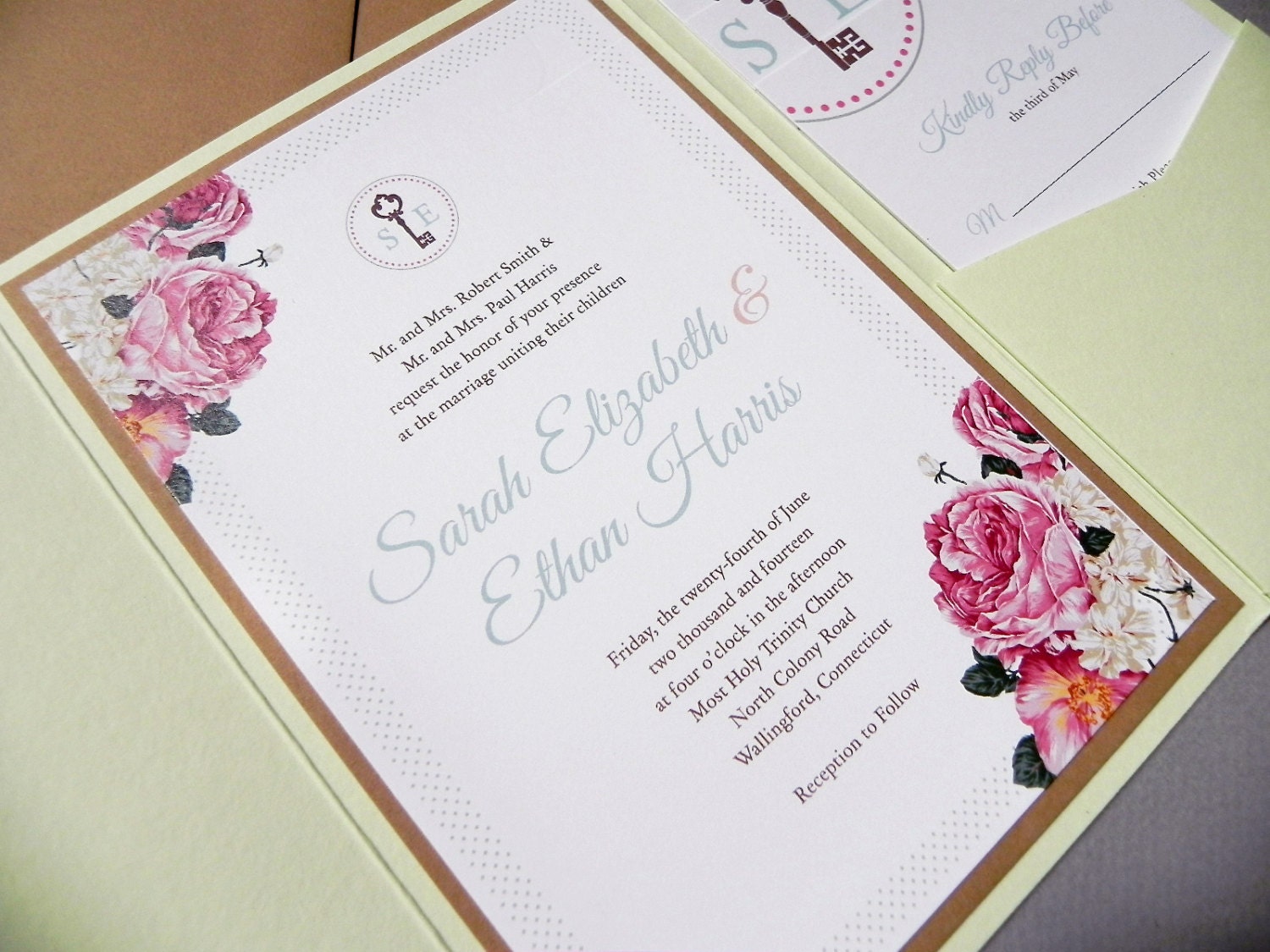 Antique Roses and Skeleton Keys Invitation Suite, RSVP Card, 2 Insert Cards plus Envelopes - 25 Sets