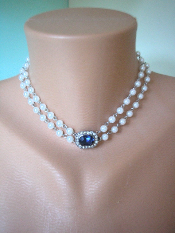 Backdrop Necklace, Handmade, Sapphire And Pearl Bridal Necklace, Pearl Bridal Necklace, White Pearls, Blue Wedding Jewelry