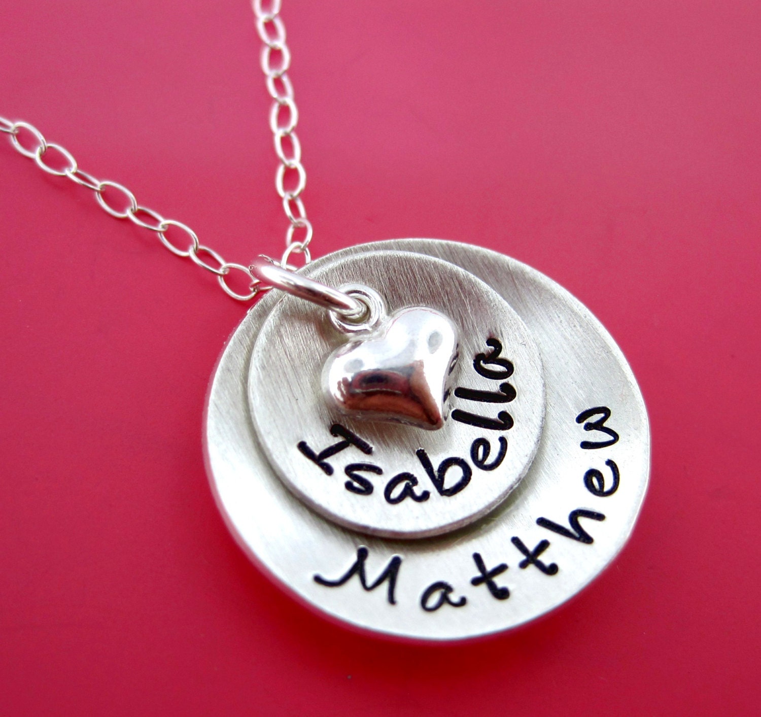 Hand Stamped Jewelry  Two Pendants Domed Hand Stamped Personalized Sterling Silver Necklace for Mom