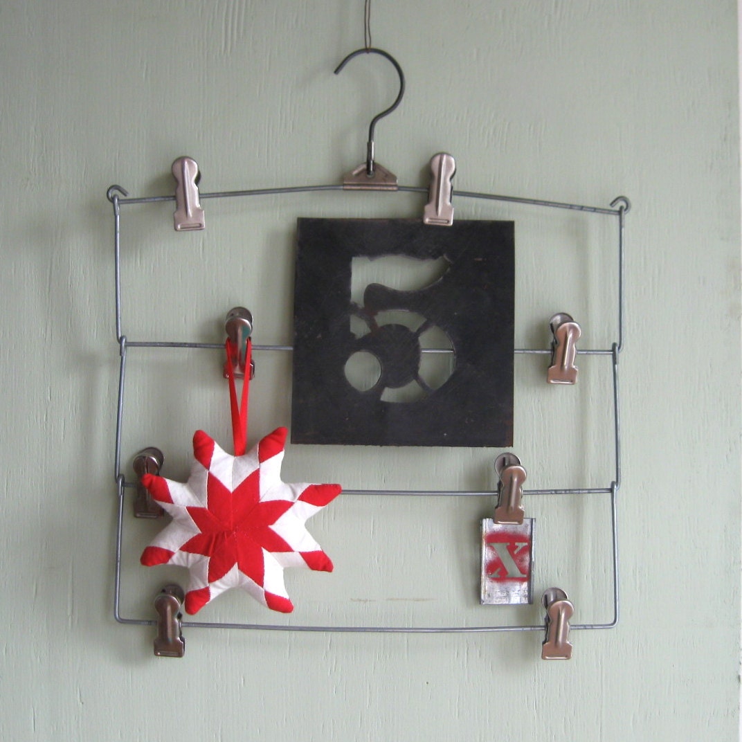 vintage skirt hanger, repurposed pants hanger, organizer, seasonal inspiration board, storage, wall display,