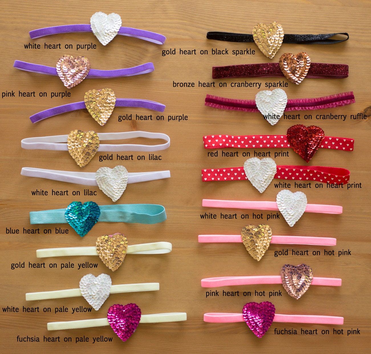 Sequin Heart on Velvet or Glitter Elastic Headbands for babies and toddlers -- many color options