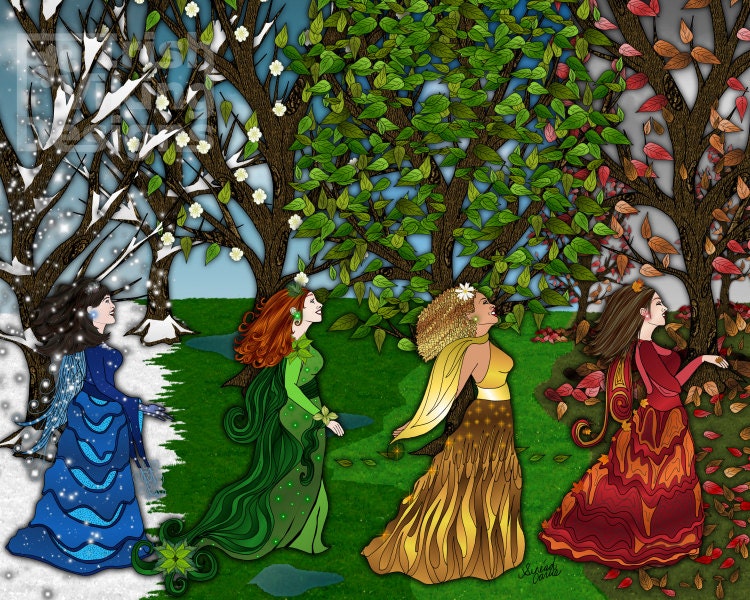 Saisons, original illustration 8x10 art print, seasons, Winter, Spring, Summer, Fall, Autumn, changing of the seasons