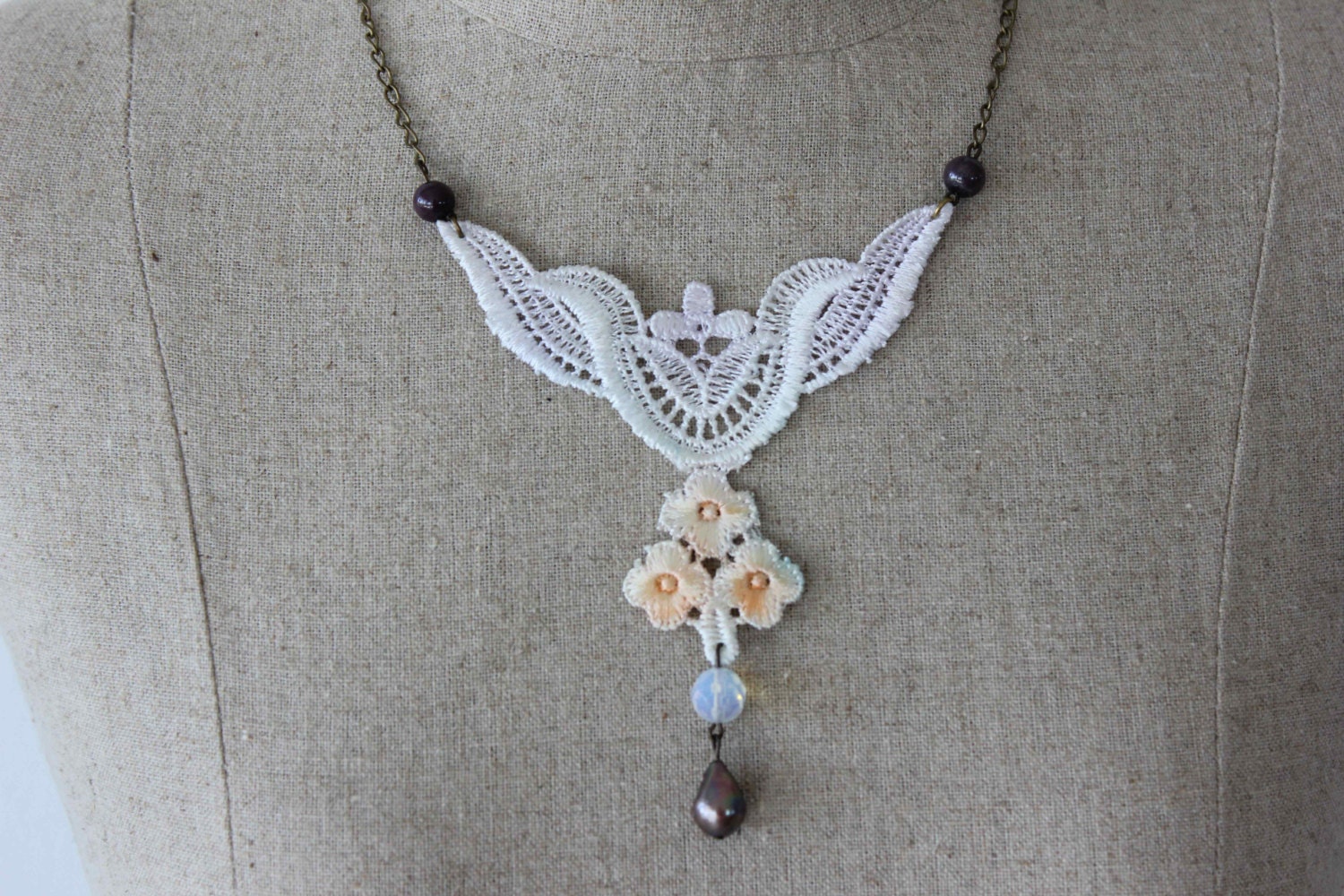 White, Apricot Tulip and Lace Vintage Inspired Necklace featuring Moonstone and Freshwater Pearl on Antique Gold Chain