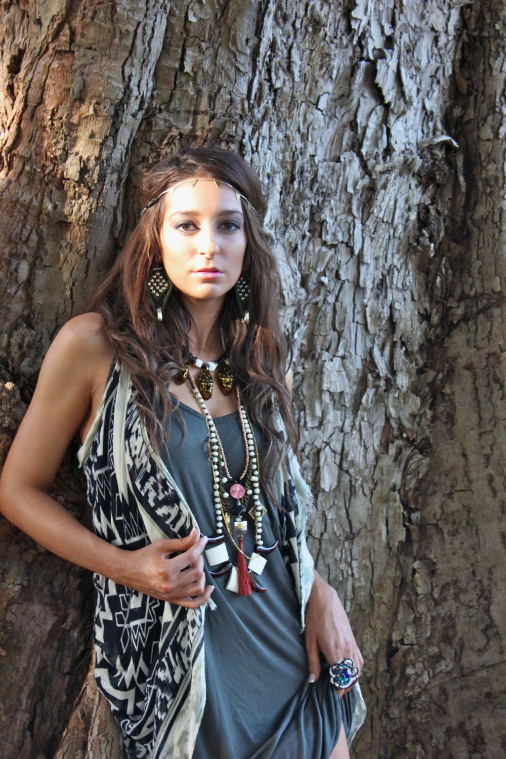 ON SALE - Long African Necklace with Bone,  Agate Horns and Gold Chain