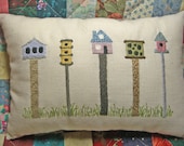 Fly Away Home, row of birdhouses hand embroidery pattern, bird, house, bird feeder