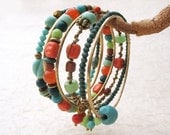 Gypsy Bangle Stack Bracelets Turquoise Nectarine Orange Teal Mint Hammered Bronze Metal Beaded Set of Seven