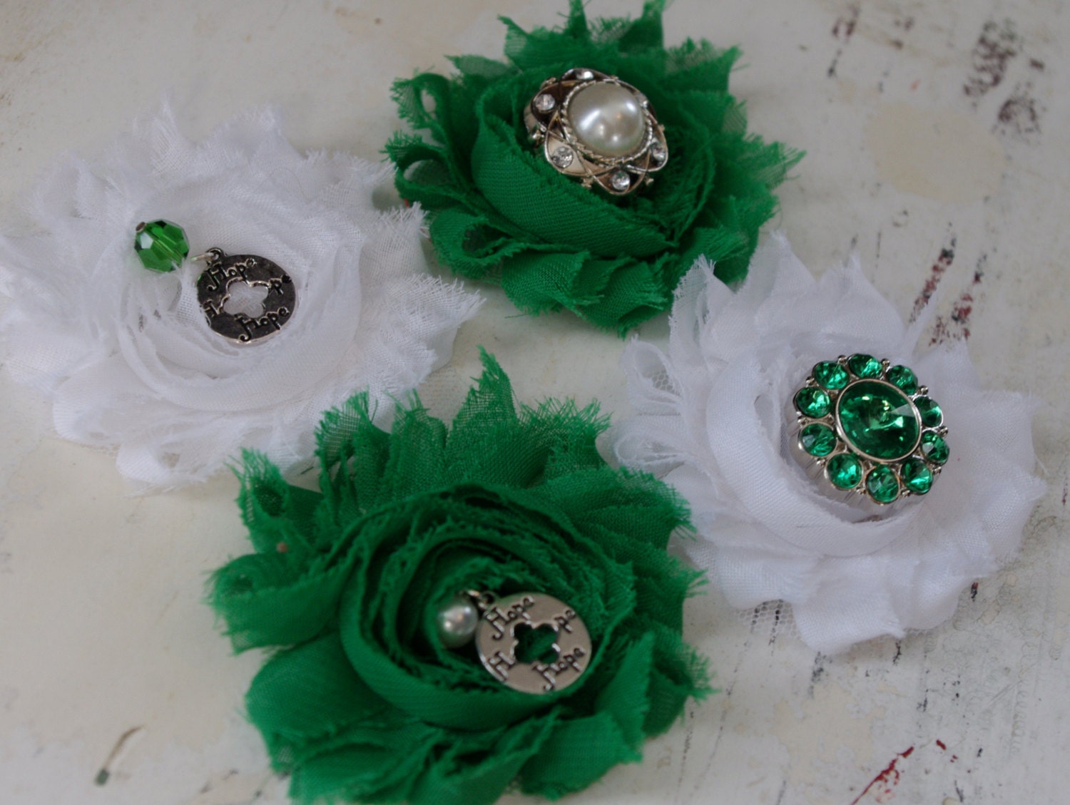 Sandy Hook HOPE line 20% donated to The Promise. Green or white handmade flower pin.