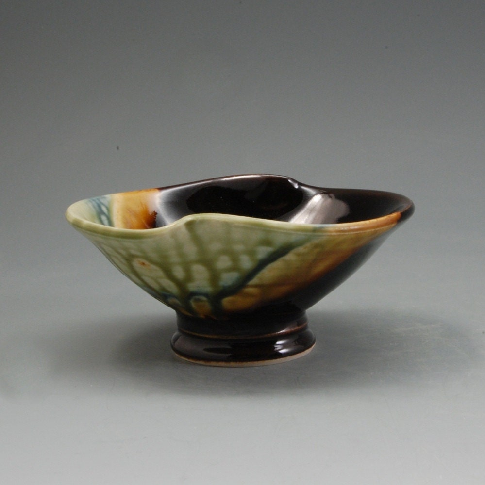 Wavy Porcelain Handmade Pottery Bowl ebony brown fern green amber and blue  by Mark Hudak