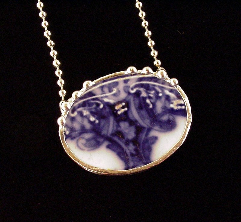 Flow blue broken china jewelry necklace oval made from 1880s broken antique china