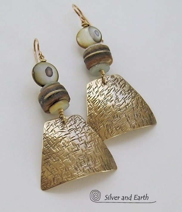 Gold Brass Dangle Earrings, Metalwork Earrings with African Bone & Mother of Pearl, Boho Tribal Jewelry, Summer Fashion Jewelry