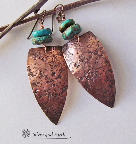Tribal Shield Earrings, Modern African Tribal Jewelry, Rustic Hammered Copper & Turquoise Earrings, Bold Exotic Metal Jewelry