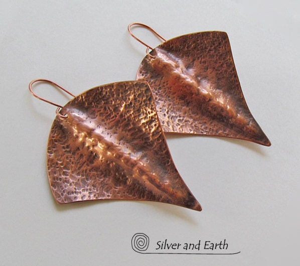 Sculptural Copper Earrings, Contemporary Modern Metal Jewelry,  Large Bold Statement Earrings, Handwrought, Hammered, Hand Forged Metalwork
