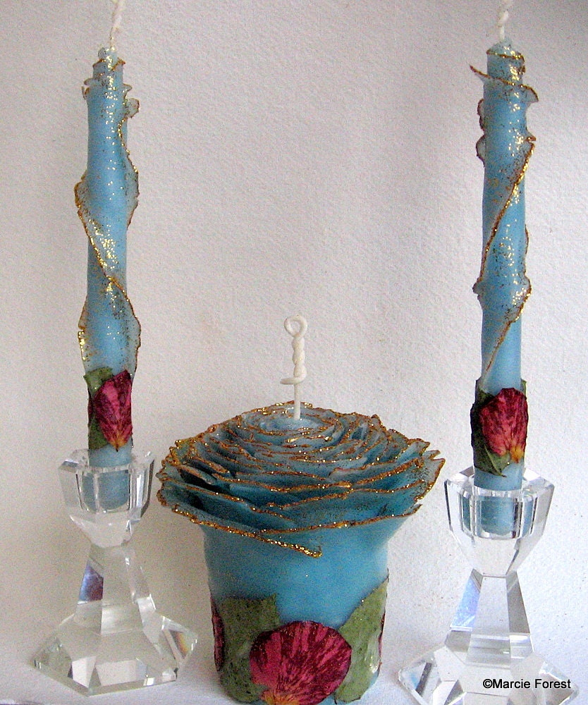 Unity Candle Set, Wedding Centerpiece,  Fairytale, Enchanted Forest - Blue Beeswax, Roses, Glitter - Unique Rose Candles by Marcie Forest