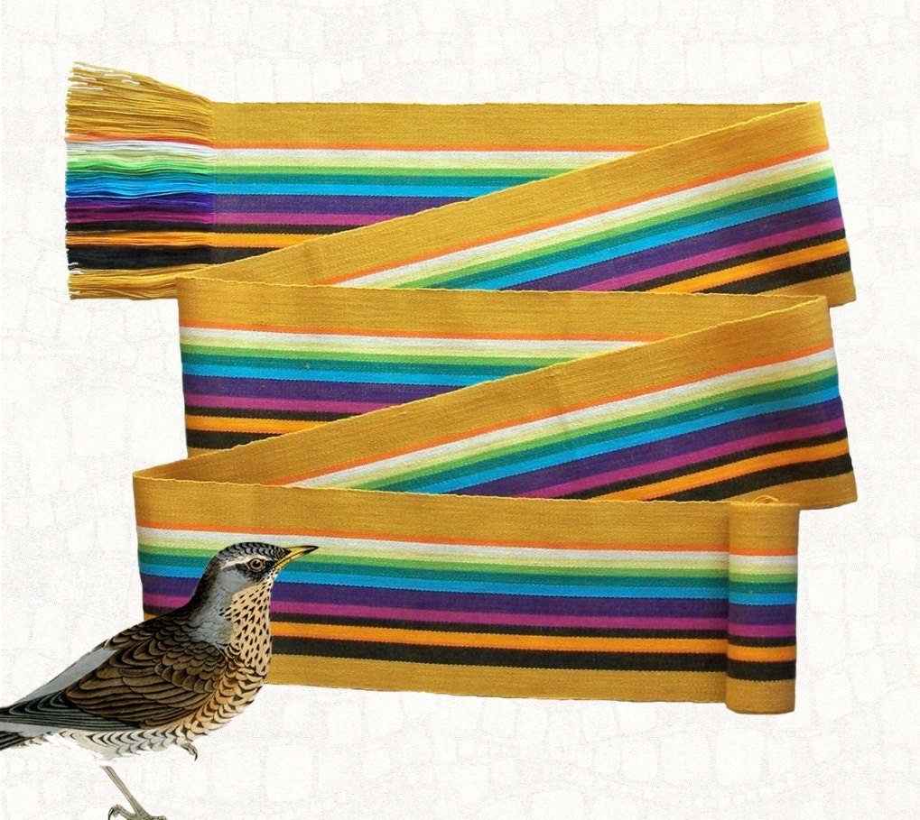Rainbow's End Fabric Sash golden yellow hand woven textile belt Hippie Boho cotton festival accessory no.50