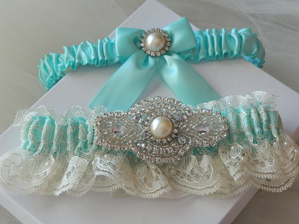 Wedding Garter Set Tiffany Blue With Ivory Chantilly Lace And Rhinestone Embellishment