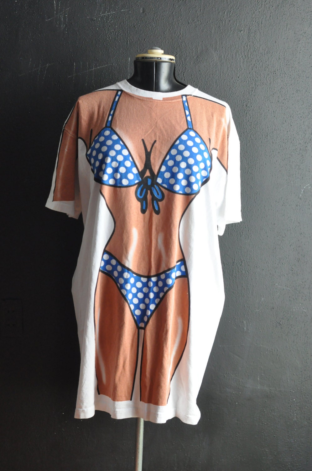 Vintage 80s Polka Dot Fake Bikini Beach Cover Up Novelty TShirt Instant Sexy